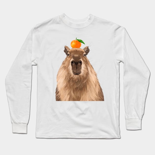 Capybara with Mandarin Orange on Head Long Sleeve T-Shirt by bignosework